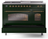 Nostalgie II 48 Inch Dual Fuel Natural Gas Freestanding Range in Emerald Green with Brass Trim