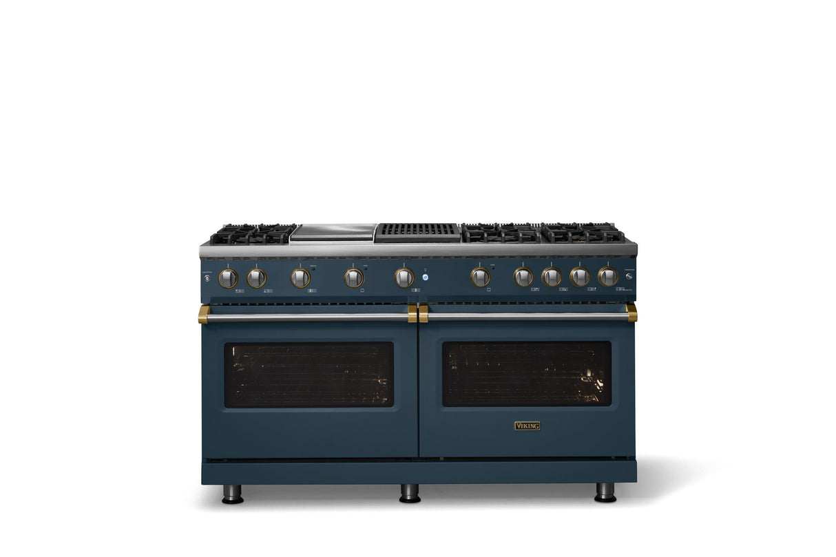 60"W. Sealed Burner Gas Range (Finish: Squall, Trim: Brushed Brass, Fuel: Natural Gas)