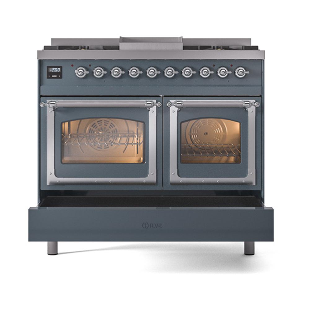 ILVE UND40FNMPBGCLP Nostalgie II Noblesse 40 inch Dual Fuel Range (Liquid Propane, Triple Glass Door, Blue Grey, Chrome)