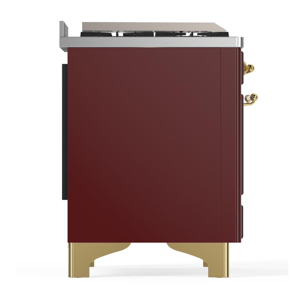 ILVE UM60FNR3BUGLP Majestic III 60 inch Dual Fuel Range with 9 Burners and Griddle, Dual Function Burner up to 25,000 BTU (Liquid Propane, Triple Glass Door, Burgundy, Brass)