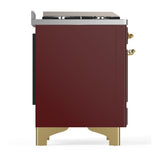 ILVE UM60FNR3BUGLP Majestic III 60 inch Dual Fuel Range with 9 Burners and Griddle, Dual Function Burner up to 25,000 BTU (Liquid Propane, Triple Glass Door, Burgundy, Brass)