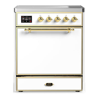 ILVE UMIB30QNR3WHG Majestic III 30 inch Induction Range with 4 Elements, 4 cu. ft. Oven Capacity (Solid Door, White, Brass)