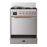 ILVE UM30QNR3SSPLP Majestic III 30 inch Dual Fuel Range with 5 Black Brass Burners, Dual Function Burner up to 25,000 BTU (Liquid Propane, Solid Door, Stainless Steel, Copper)