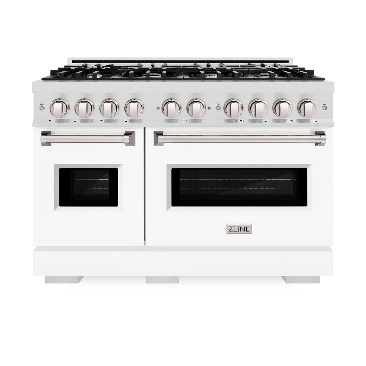 ZLINE 48 in. 6.7 cu. ft. Classic Double Oven Gas Range with 8 Burner Cooktop in DuraSnow' Stainless Steel with White Matte Doors (CGRS-WM-48)