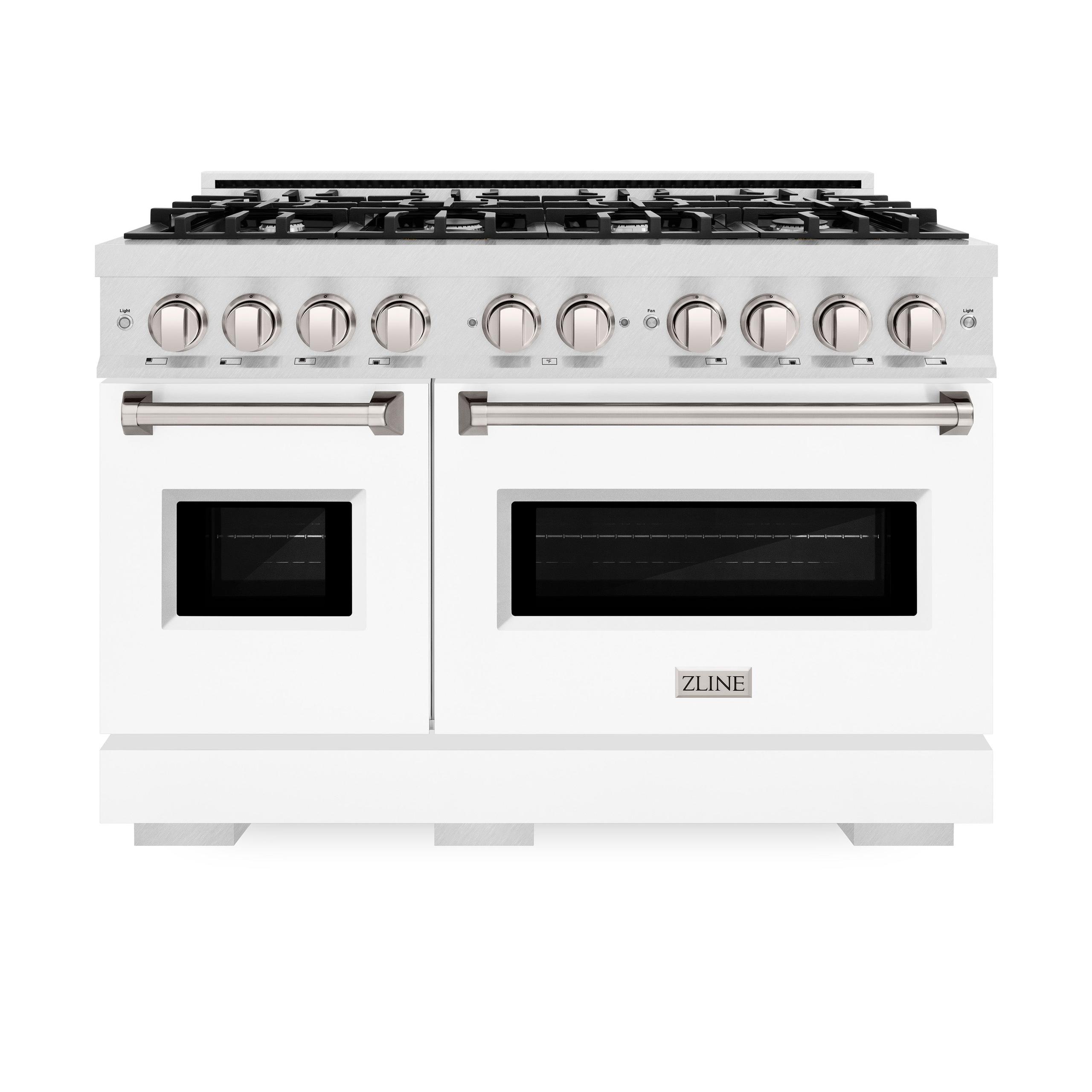 ZLINE 48 in. 6.7 cu. ft. Classic Double Oven Gas Range with 8 Burner Cooktop in DuraSnow' Stainless Steel with White Matte Doors (CGRS-WM-48)