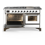 ILVE UM60FNR3WHB Majestic III 60 inch Dual Fuel Range with 9 Burners and Griddle, Dual Function Burner up to 25,000 BTU (Natural Gas, Triple Glass Door, White, Burnished)