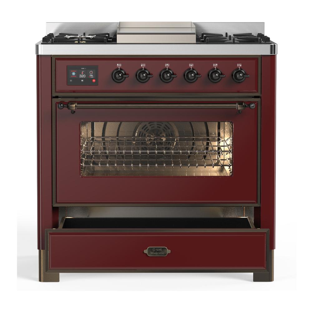 ILVE UM36FNR3BUBLP Majestic III 36 inch Dual Fuel Range with 6 Black Brass Burners and Griddle, Dual Function Burner up to 25,000 BTU (Triple Glass Door, Burgundy, Burnished, Liquid Propane)