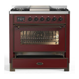 ILVE UM36FNR3BUBLP Majestic III 36 inch Dual Fuel Range with 6 Black Brass Burners and Griddle, Dual Function Burner up to 25,000 BTU (Triple Glass Door, Burgundy, Burnished, Liquid Propane)