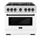 ZLINE Autograph Edition 36 in. 5.2 cu. ft. Select Gas Range with 6 Burner Cooktop and Convection Gas Oven in DuraSnow' Stainless Steel with White Matte Door and Matte Black Accents (HGRSZ-WM-36-MB)
