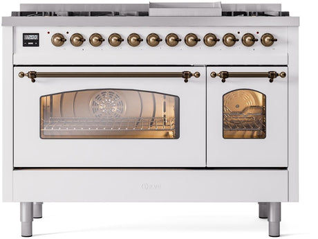 Nostalgie II 48 Inch Dual Fuel Liquid Propane Freestanding Range in White with Bronze Trim