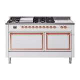 ILVE UN60FSQNMPWHP Nostalgie II Noblesse 60 inch Dual Fuel Range (7 Sealed Burners + Griddle + French Top, Natural Gas, Solid Door, White, Copper)