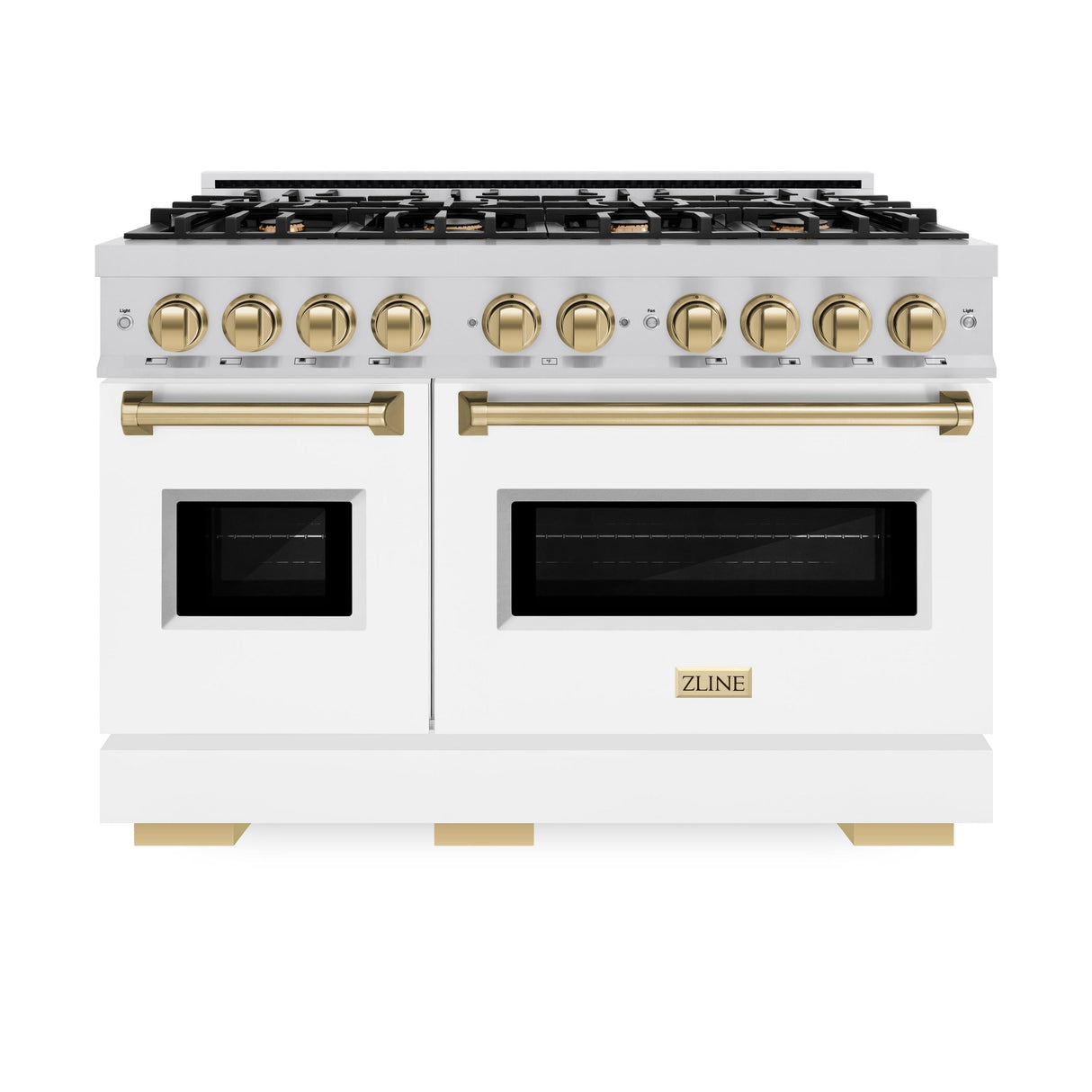 ZLINE Autograph Edition 48 in. 6.7 cu. ft. Classic Double Oven Gas Range with 8 Burner Cooktop in Stainless Steel with White Matte Doors and Champagne Bronze Accents (CGRZ-WM-48-CB)