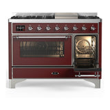 ILVE UM48FNR3BUCLP Majestic III 48 inch Dual Fuel Range with 8 Burners and Griddle, Dual Function Burner up to 25,000 BTU (Liquid Propane, Triple Glass Door, Burgundy, Chrome)