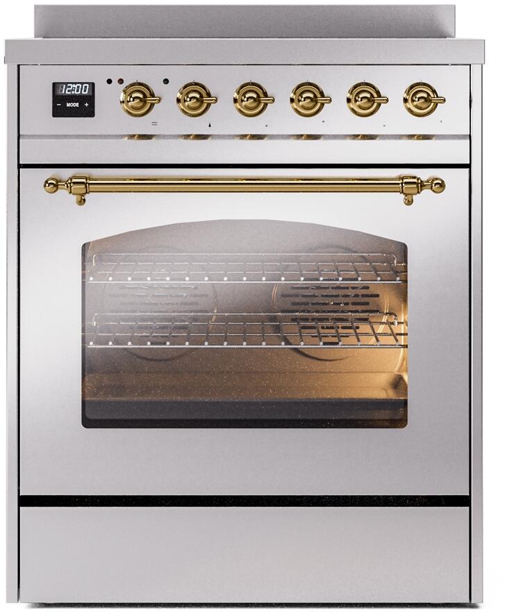 Nostalgie II 30 Inch Electric Freestanding Range in Stainless Steel with Brass Trim