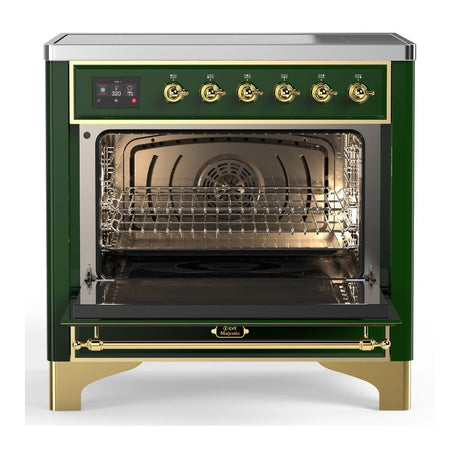 ILVE UMIB36QNR3EGG Majestic III 36 inch Induction Range with 6 Elements, 3.5 cu. ft. Total Oven Capacity (Solid Door, Emerald Green, Brass)
