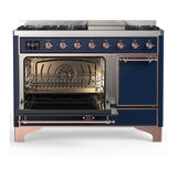 ILVE UM48FQNR3MBPLP Majestic III 48 inch Dual Fuel Range with 8 Burners and Griddle, Dual Function Burner up to 25,000 BTU (Liquid Propane, Solid Door, Midnight Blue, Copper)