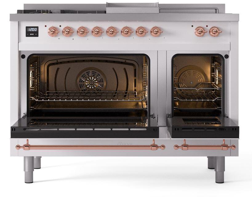 Nostalgie II 48 Inch Dual Fuel Liquid Propane Freestanding Range in White with Copper Trim