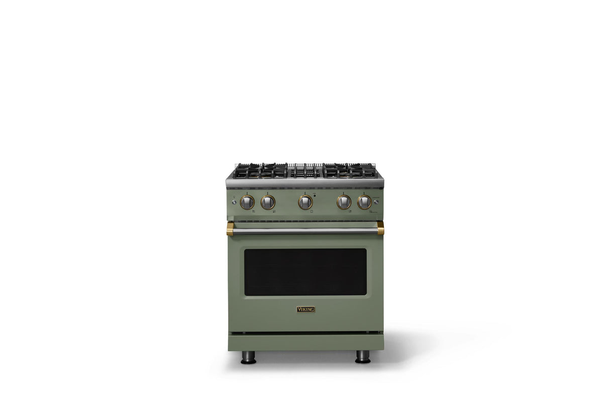 30"W. Sealed Burner Gas Range (Finish: Eucalyptus, Trim: Brushed Brass, Fuel: Natural Gas)