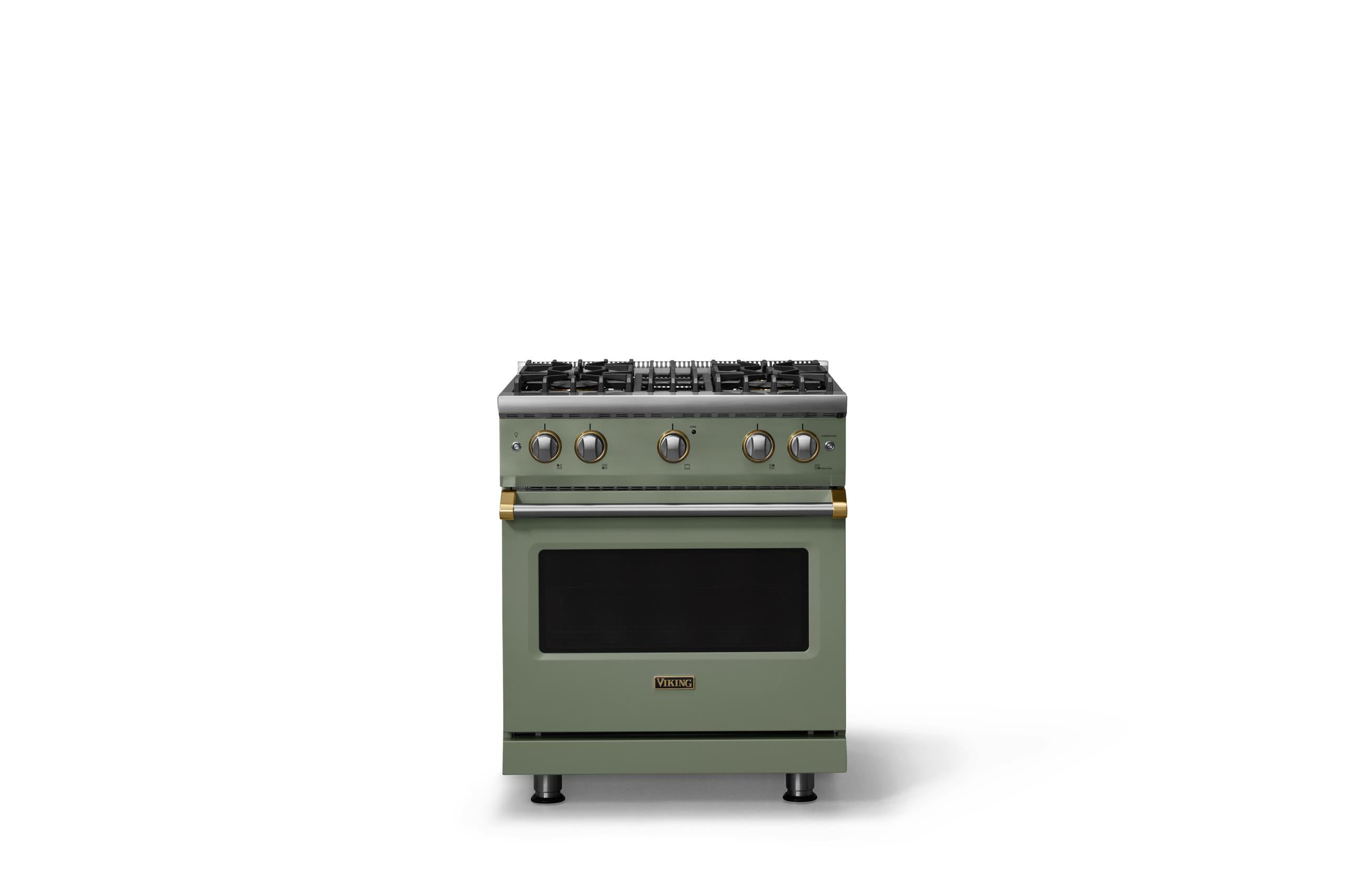 30"W. Sealed Burner Gas Range (Finish: Eucalyptus, Trim: Brushed Brass, Fuel: Natural Gas)