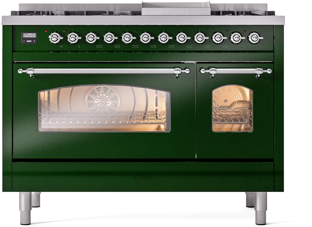 Nostalgie II 48 Inch Dual Fuel Liquid Propane Freestanding Range in Emerald Green with Chrome Trim