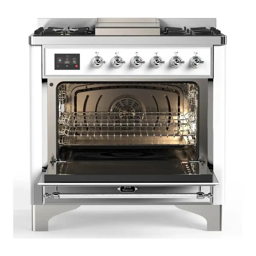 ILVE UM36FNR3RAC Majestic III 36 inch Dual Fuel Range with 6 Black Brass Burners and Griddle, Dual Function Burner up to 25,000 BTU (Triple Glass Door, RAL, Chrome, Natural Gas)