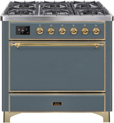 36 Inch Dual Fuel Natural Gas Freestanding Range in Blue Grey with Brass Trim