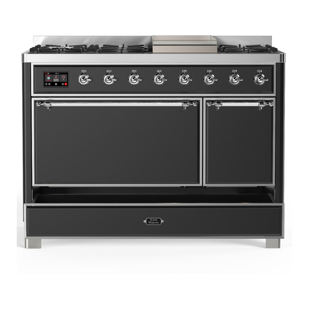 ILVE UM48FQNR3MGCLP Majestic III 48 inch Dual Fuel Range with 8 Burners and Griddle, Dual Function Burner up to 25,000 BTU (Liquid Propane, Solid Door, Graphite Matte, Chrome)
