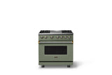 36"W. Dual Fuel Range (Burner: 4g, Finish: Eucalyptus, Trim: Brushed Brass, Fuel: Natural Gas)
