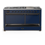 ILVE UM60FQNR3MBB Majestic III 60 inch Dual Fuel Range with 9 Burners and Griddle, Dual Function Burner up to 25,000 BTU (Natural Gas, Solid Door, Midnight Blue, Burnished)
