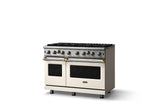 48"W. Open Burner Gas Range (Finish: Pure White, Trim: Brushed Brass, Fuel: Propane)