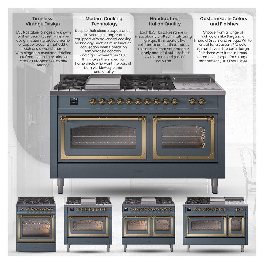 ILVE UN60FNMPEGPLP Nostalgie II Noblesse 60 inch Dual Fuel Range (9 Sealed Burners + Griddle, Liquid Propane, Triple Glass Door, Emerald Green, Copper)
