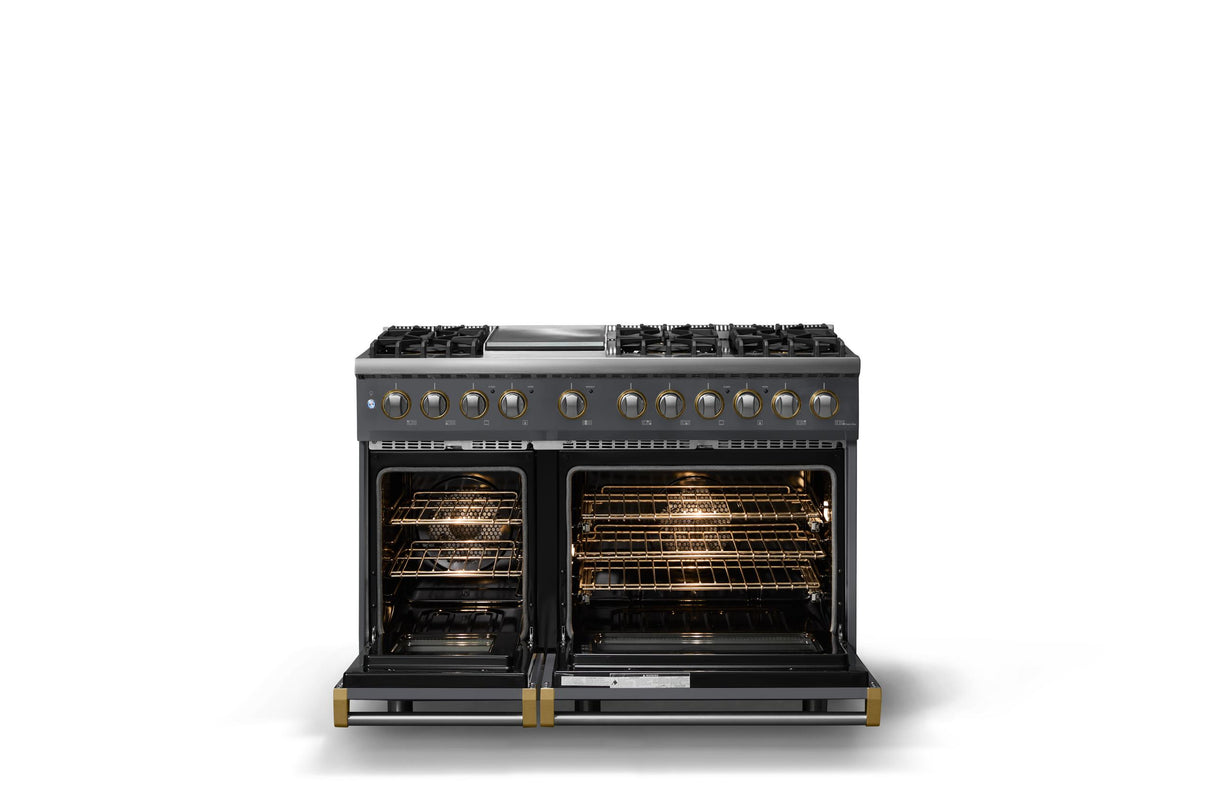 48"W. Dual Fuel Range (Burner: 6g, Finish: Cast Black, Trim: Brushed Brass, Fuel: Natural Gas)