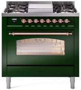 Nostalgie II 36 Inch Dual Fuel Liquid Propane Freestanding Range in Emerald Green with Copper Trim