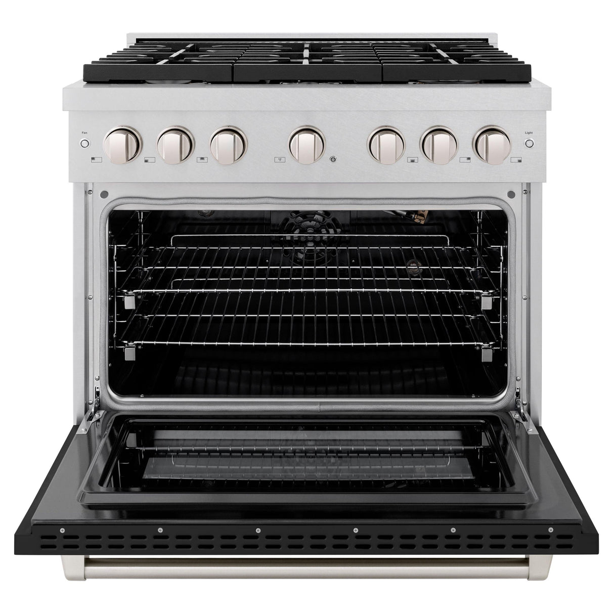 ZLINE 36 in. 5.2 cu. ft. 6 Burner Gas Range with Convection Gas Oven in DuraSnow' Stainless Steel with Black Matte Door (SGRS-BLM-36)