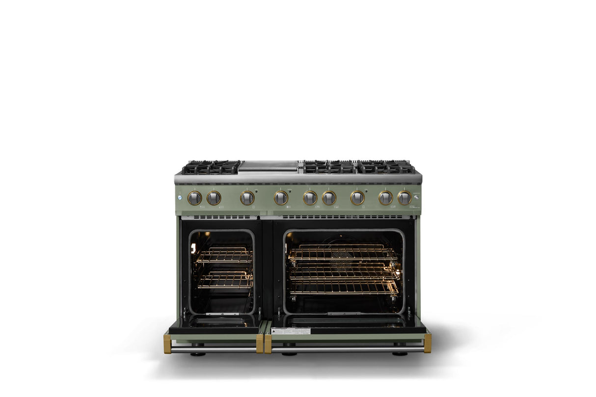 48"W. Sealed Burner Gas Range (Burner: 6g, Finish: Eucalyptus, Trim: Polished Chrome, Fuel: Propane)