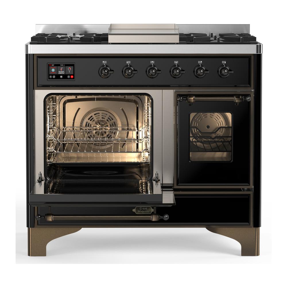 ILVE UMD40FNR3BKBLP Majestic III 40 inch Dual Fuel Range with 6 Burners and Griddle, Dual Function Burner up to 25,000 BTU (Liquid Propane, Triple Glass Door, Glossy Black, Burnished)