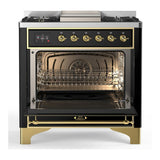 ILVE UM36FNR3BKG Majestic III 36 inch Dual Fuel Range with 6 Black Brass Burners and Griddle, Dual Function Burner up to 25,000 BTU (Triple Glass Door, Glossy Black, Brass, Natural Gas)