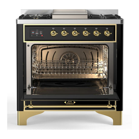 ILVE UM36FNR3BKG Majestic III 36 inch Dual Fuel Range with 6 Black Brass Burners and Griddle, Dual Function Burner up to 25,000 BTU (Triple Glass Door, Glossy Black, Brass, Natural Gas)