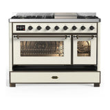 ILVE UM48FNR3AWBLP Majestic III 48 inch Dual Fuel Range with 8 Burners and Griddle, Dual Function Burner up to 25,000 BTU (Liquid Propane, Triple Glass Door, Antique White, Burnished)