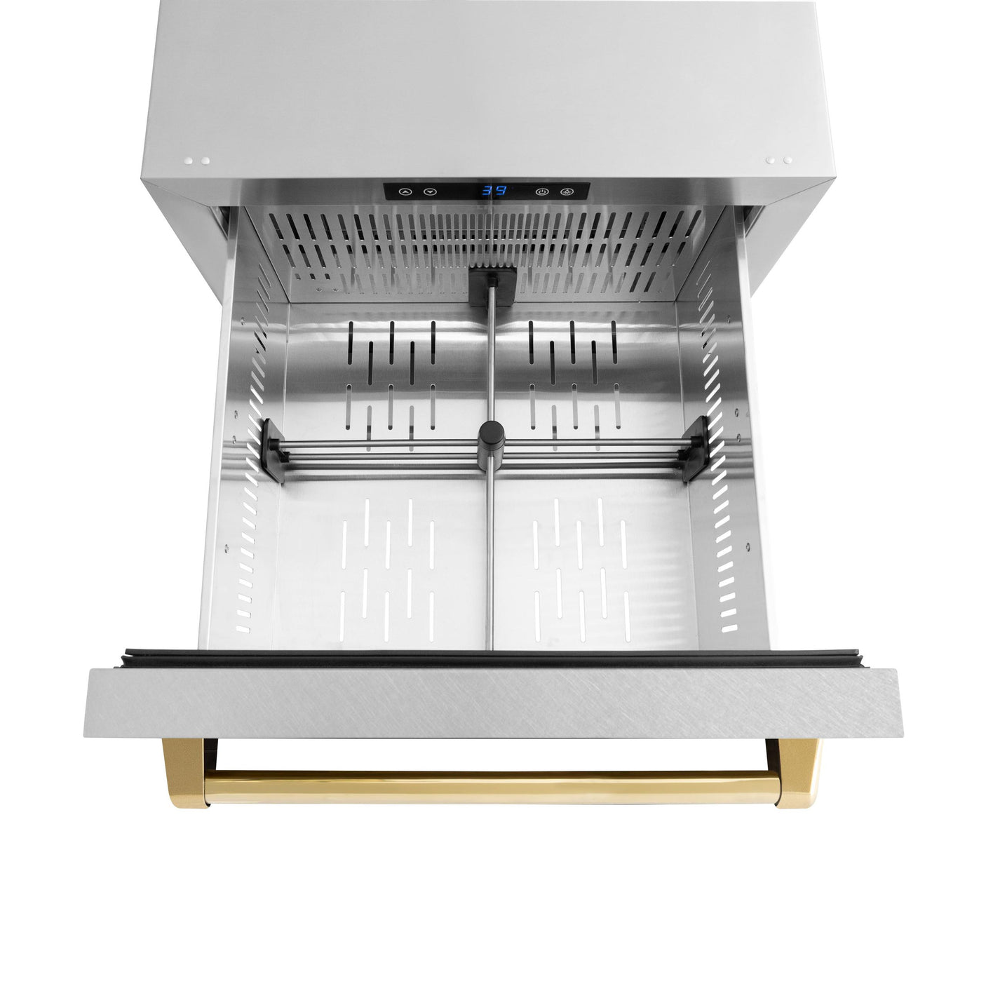 ZLINE Autograph Edition 24 in. Touchstone 168 Can Outdoor-Rated Dual Refrigerator Drawer with DuraSnow' Stainless Steel Doors and Polished Gold Handles (RDSOZ-SN-24-G)