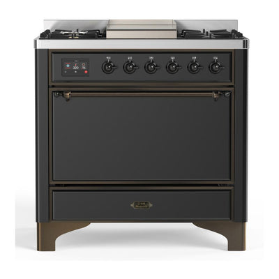 ILVE UM36FQNR3MGBLP Majestic III 36 inch Dual Fuel Range with 6 Black Brass Burners and Griddle, Dual Function Burner up to 25,000 BTU (Solid Door, Graphite Matte, Burnished, Liquid Propane)