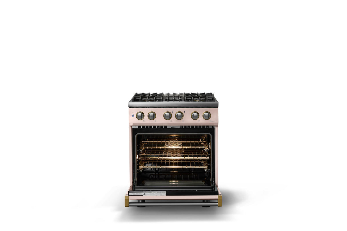 30"W. Dual Fuel Range (Finish: Blush, Trim: Brushed Brass, Fuel: Propane)