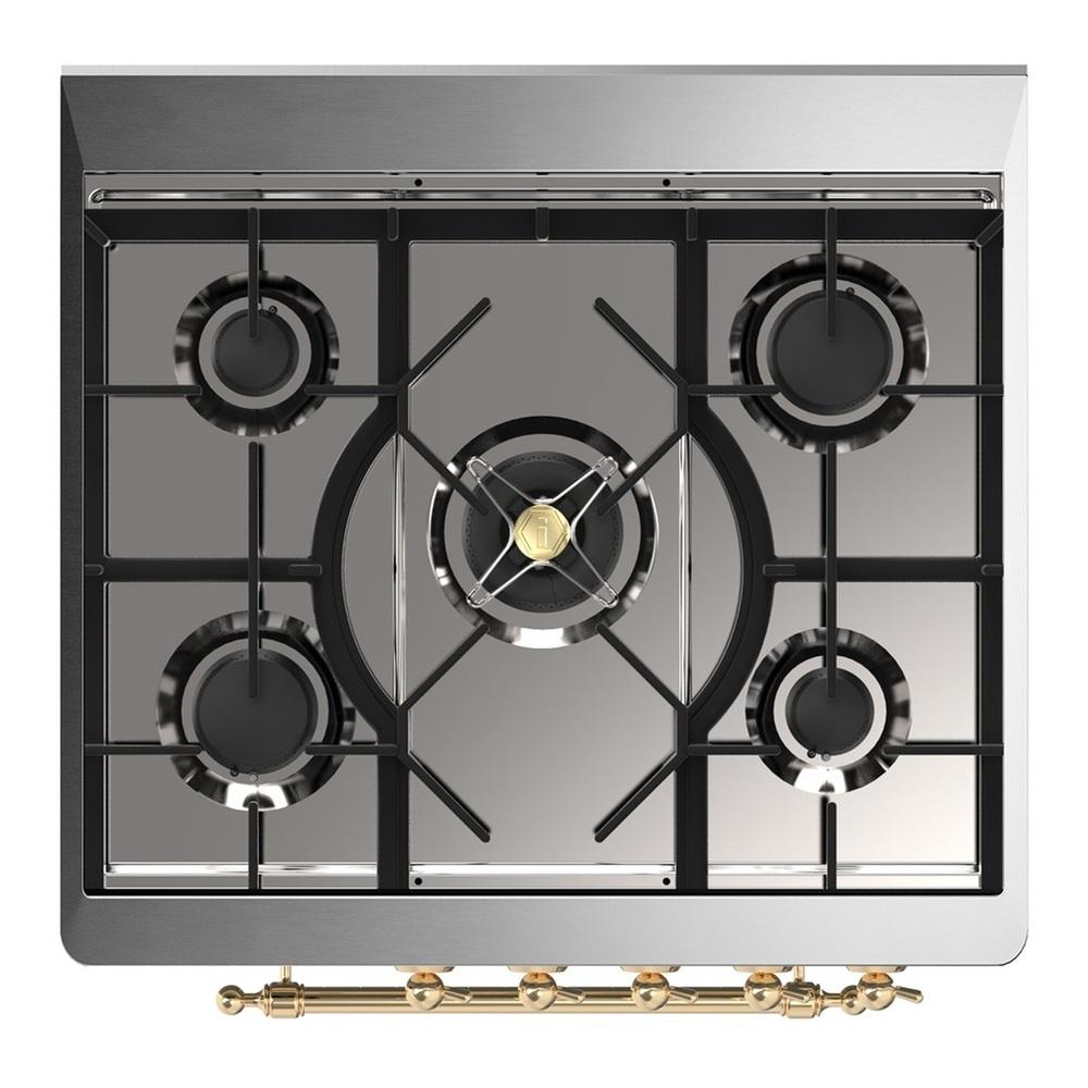 ILVE UM30QNR3BUGLP Majestic III 30 inch Dual Fuel Range with 5 Black Brass Burners, Dual Function Burner up to 25,000 BTU (Liquid Propane, Solid Door, Burgundy, Brass)