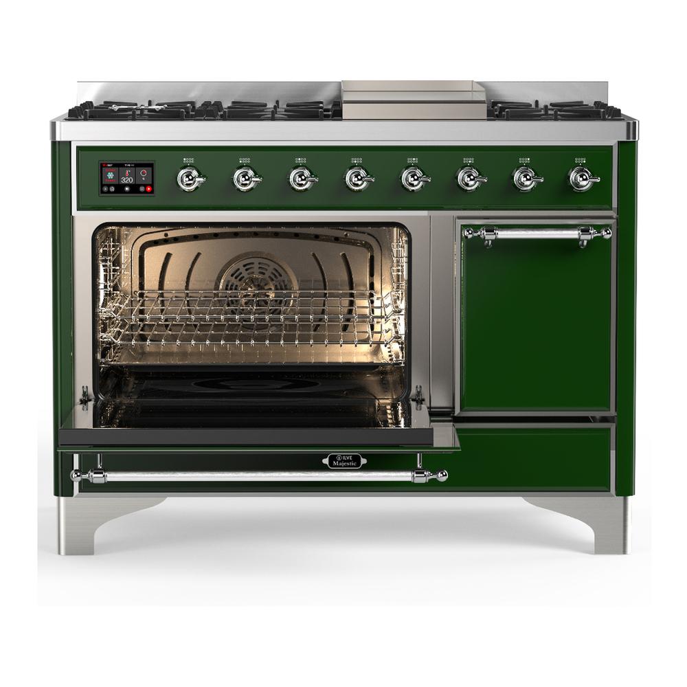 ILVE UM48FQNR3EGC Majestic III 48 inch Dual Fuel Range with 8 Burners and Griddle, Dual Function Burner up to 25,000 BTU (Natural Gas, Solid Door, Emerald Green, Chrome)