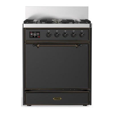 ILVE UM30QNR3MGBLP Majestic III 30 inch Dual Fuel Range with 5 Black Brass Burners, Dual Function Burner up to 25,000 BTU (Liquid Propane, Solid Door, Graphite Matte, Burnished)