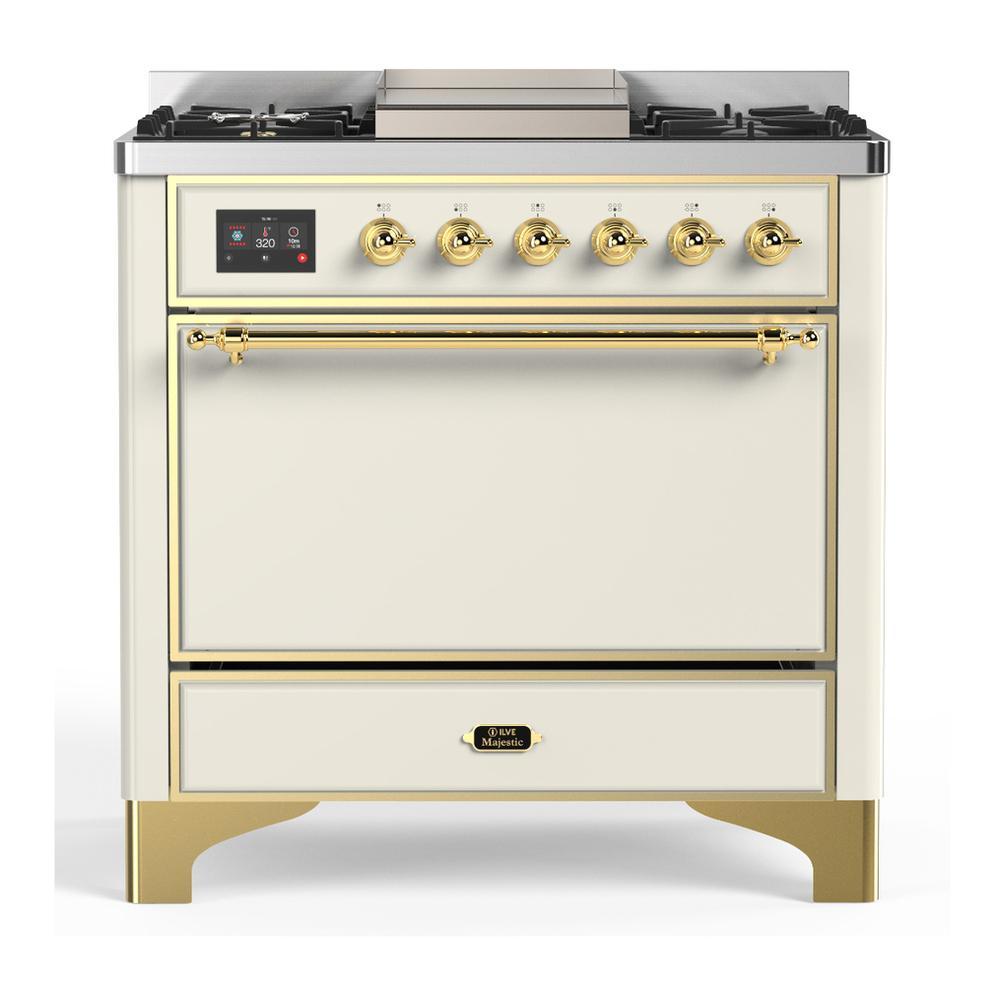 ILVE UM36FQNR3AWG Majestic III 36 inch Dual Fuel Range with 6 Black Brass Burners and Griddle, Dual Function Burner up to 25,000 BTU (Solid Door, Antique White, Brass, Natural Gas)
