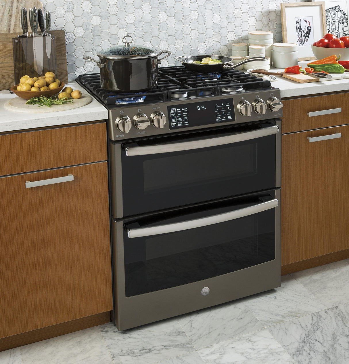 GE Profile™ 30" Smart Slide-In Front-Control Gas Double Oven Convection Range