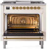 Nostalgie II 36 Inch Dual Fuel Natural Gas Freestanding Range in Antique White with Brass Trim