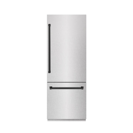 ZLINE Autograph Edition 30 in. 16.1 cu. ft. Built-In Bottom Freezer Refrigerator with Water Dispenser and Ice Maker in DuraSnow' Stainless Steel with Graphite Gray Interior and Matte Black Accents (GRBIVZ-SN-30-MB)