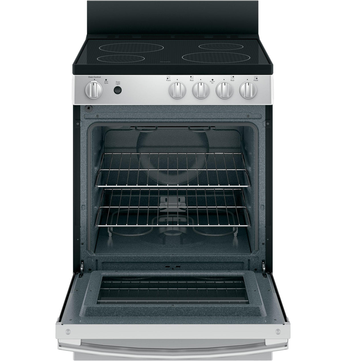 GE® ENERGY STAR® 24" Free-Standing/Slide-in Front Control Range with Steam Clean and Large Window